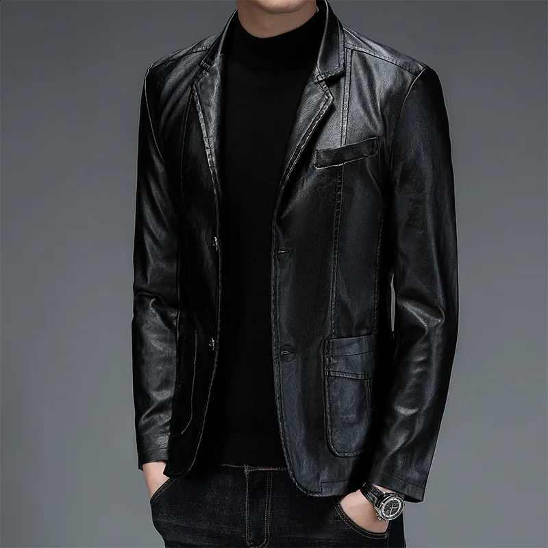 Men Pu Blazers Korean Style Slim Fashion Leather Coat Streetwear Dress Suit Mens Jackets Lapel Business 261008