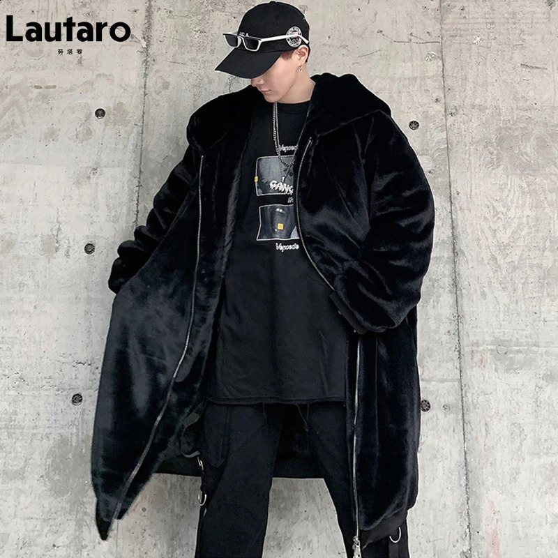 Lautaro Winter Long Oversized Black Warm Thick Soft Fluffy Faux Fur Coat Men with Hood Zipper Casual Loose Korean Fashion 261012