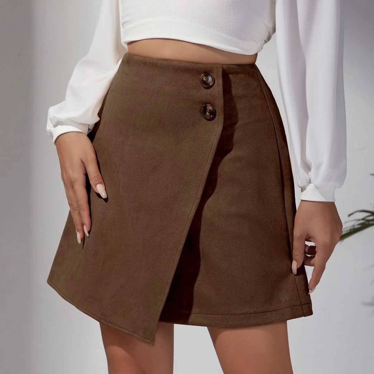 New Arrival 2025 Women's Skirts Autumn Winter Suede Irregular Skirt Solid Color High Waist Zipper Button Short Skirts For Woman W261017
