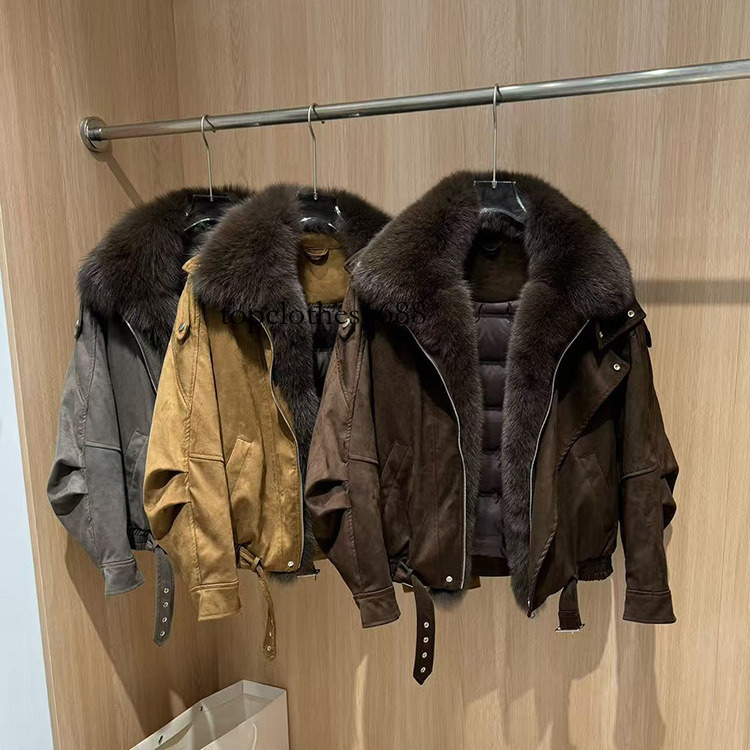 2026 Winter New Style Women's Short Down Jacket with Fox Collar, Suede Jacket, Loose Fit, Thickened and Warm Fur Coat