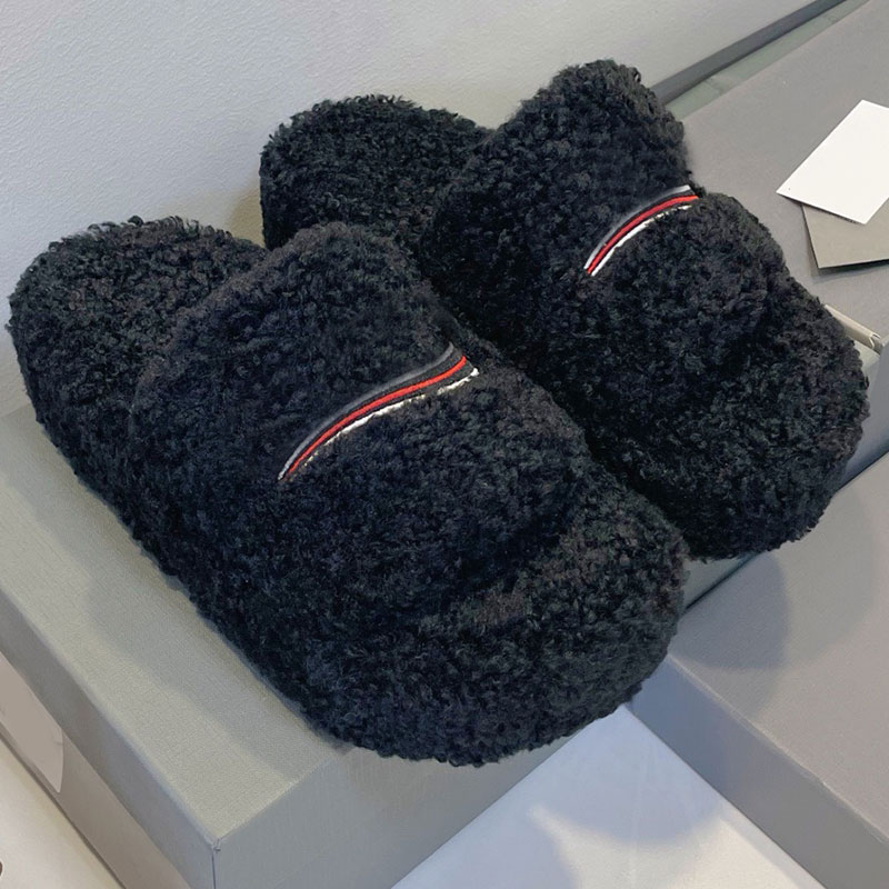 Womens Furry Open Mule in Black Designer Fashion Week Sandals Womens Autumn Winter Mules High Quality Wool Upper Soft Comfortable Wool Lining open t