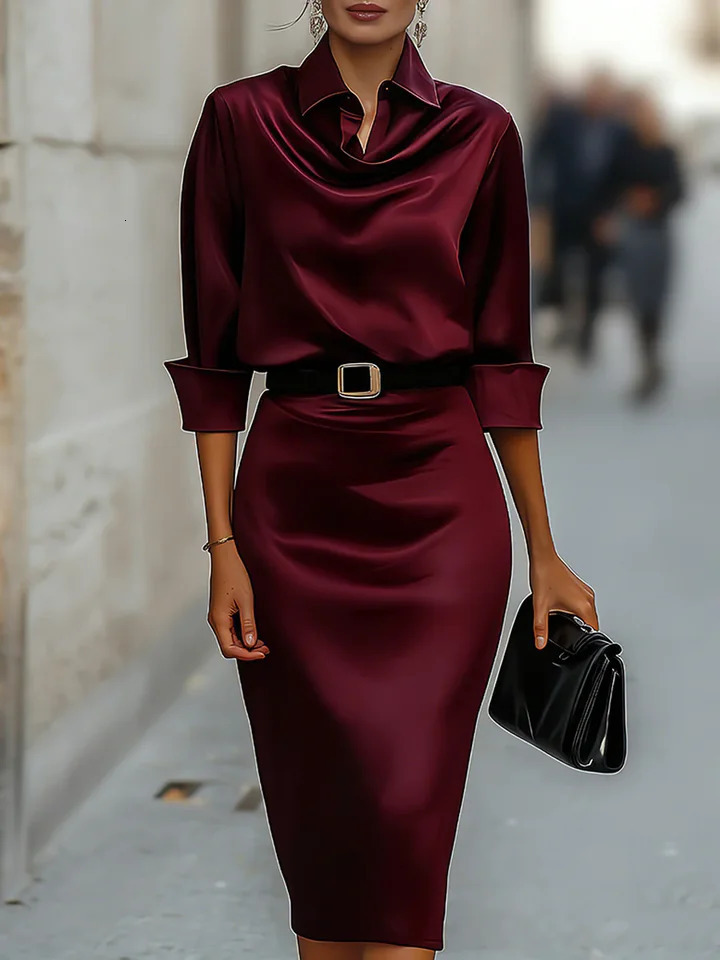 Satin Cowl Neck Shirt Dress With Belt Long Sleeve Bodycon Midi Dress For Women Elegant Casual Party Evening Gown 261014