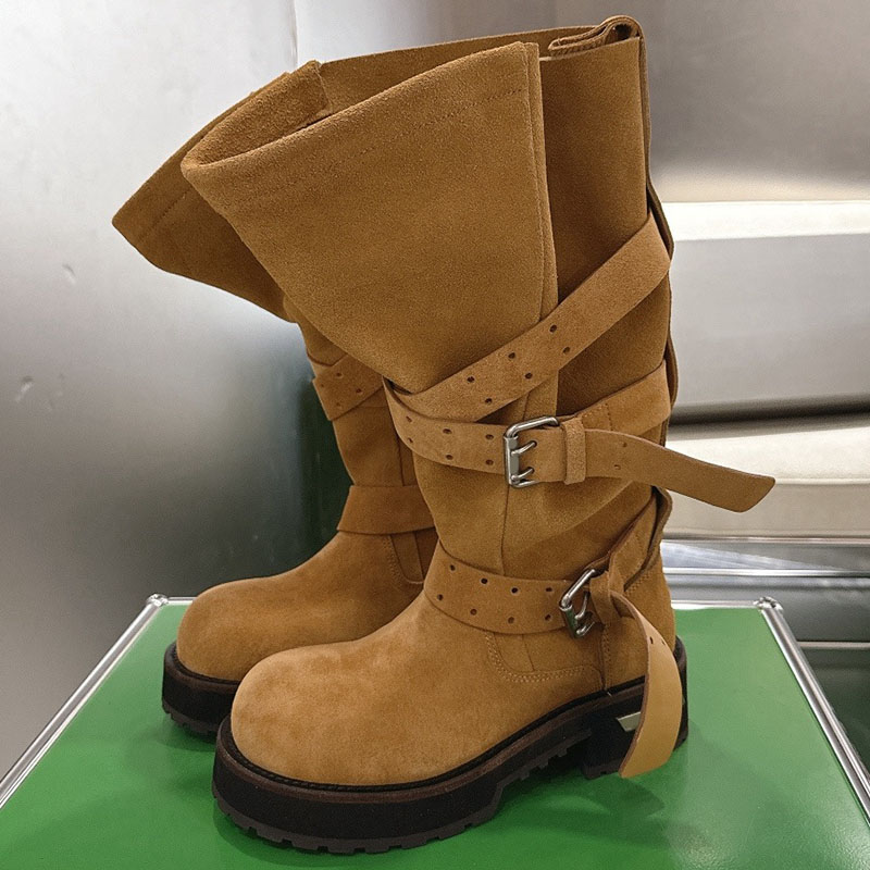 Botas altas Venom para hombre y mujer Diseñador Parejas Botas de pared alta plegables de cuero antivellón con correas múltiples Hebillas de metal En
