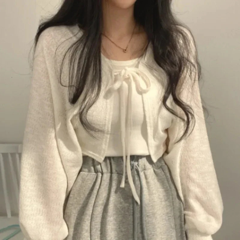 Thin White Cardigan Women Summer Sunscreen Laceup Knitwear Tops Lady Korean Style Casual Lantern Sleeve Short Sun Protected Top 261016