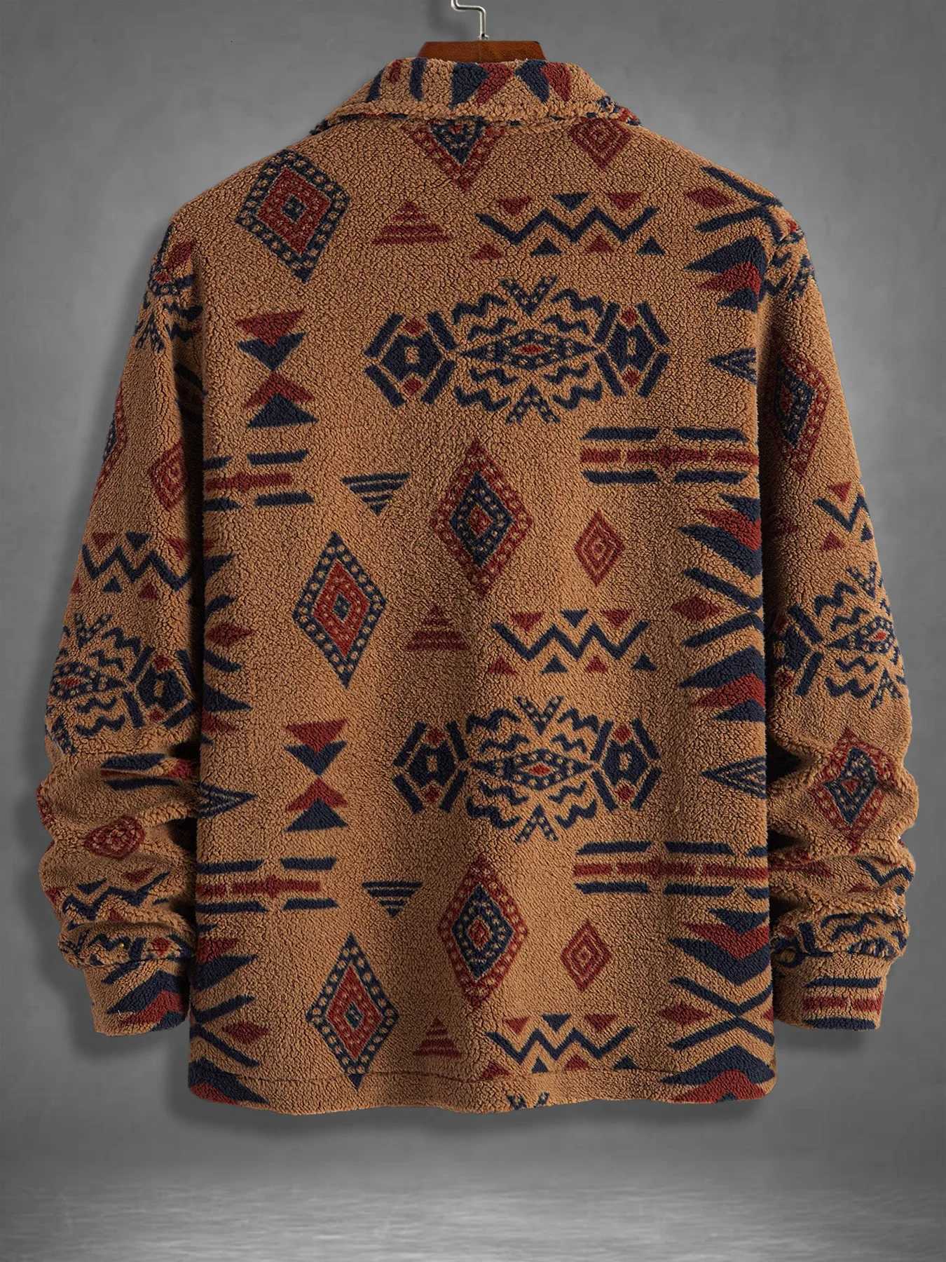 Thick Men's Vests Jacquard Men's Lambswool Lapel Jacket Vintage Geometric Ethnic Style Plush Jacket Loose Fit for Commuting and Outdoor Us
