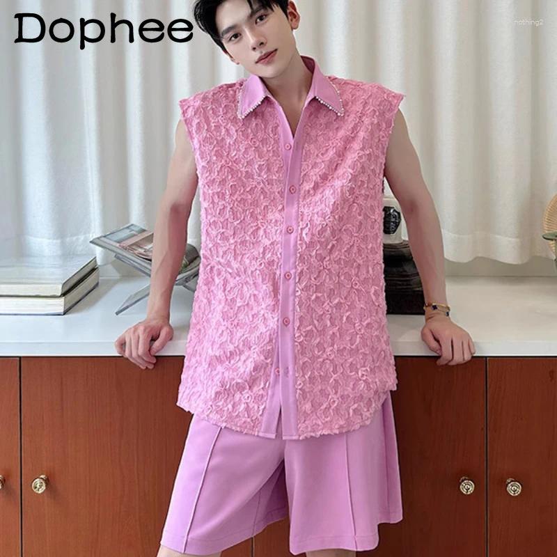Summer Fashion Sleeveless Vest Shorts Sets Men's Beads Three-dimensional Flower Trendy Two-piece Set Male Stylish 2pcs