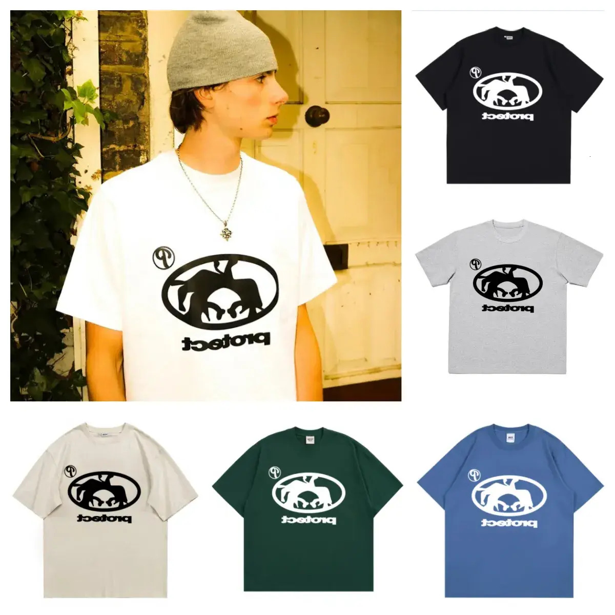 Men T-Shirt Men's Shirts Y2k Protect T Shirt Vintage short sleeve Kpop Street Fashion Print Unisex Short Sleeve Tops Casual Loose Drawstring Hi