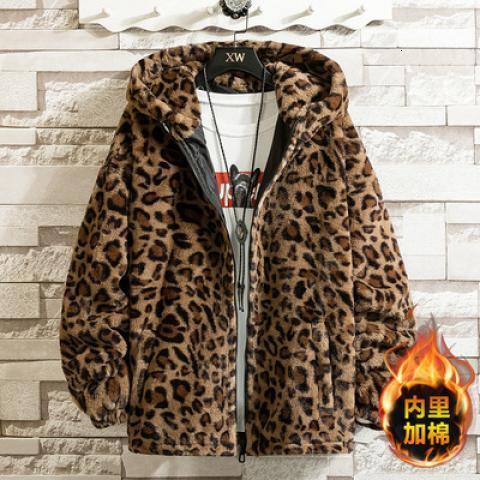 Autumn Winter Hooded Cotton Jacket For Young Men Thickened Korean Style Leopard Print Couple Double Sided Fleece Lamb Wool Warm Fashion Daily Outerw