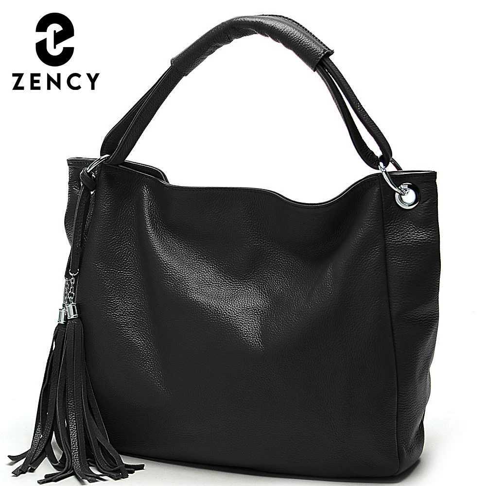 Evening Bags Zency 100% Soft Genuine Leather Tassel Women's Handbag Black Shoulder Bag Large Tote For A4 Books Satchel Crossbody Vintage H26101