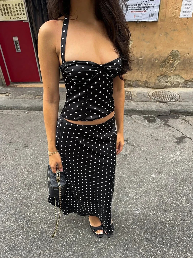 Casual Polka Dot 2-piece Set Women Chic Sleeveless Off-shoulder Halter Crop Top Maxi Skirt Sets 2026 Lady Vacation Street Outfit 261013