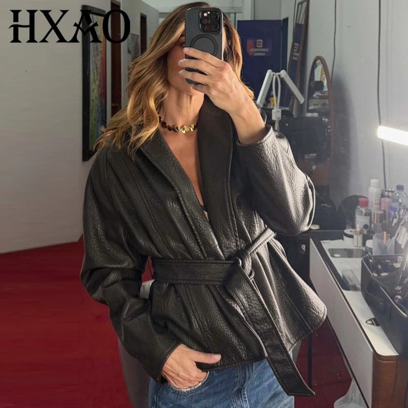 HXAO Black Faux Leather Jacket Women's Autumn 2026 Crop Loose Belt Long Sleeve Tops For Woman Motorcycle Outerwear 261009