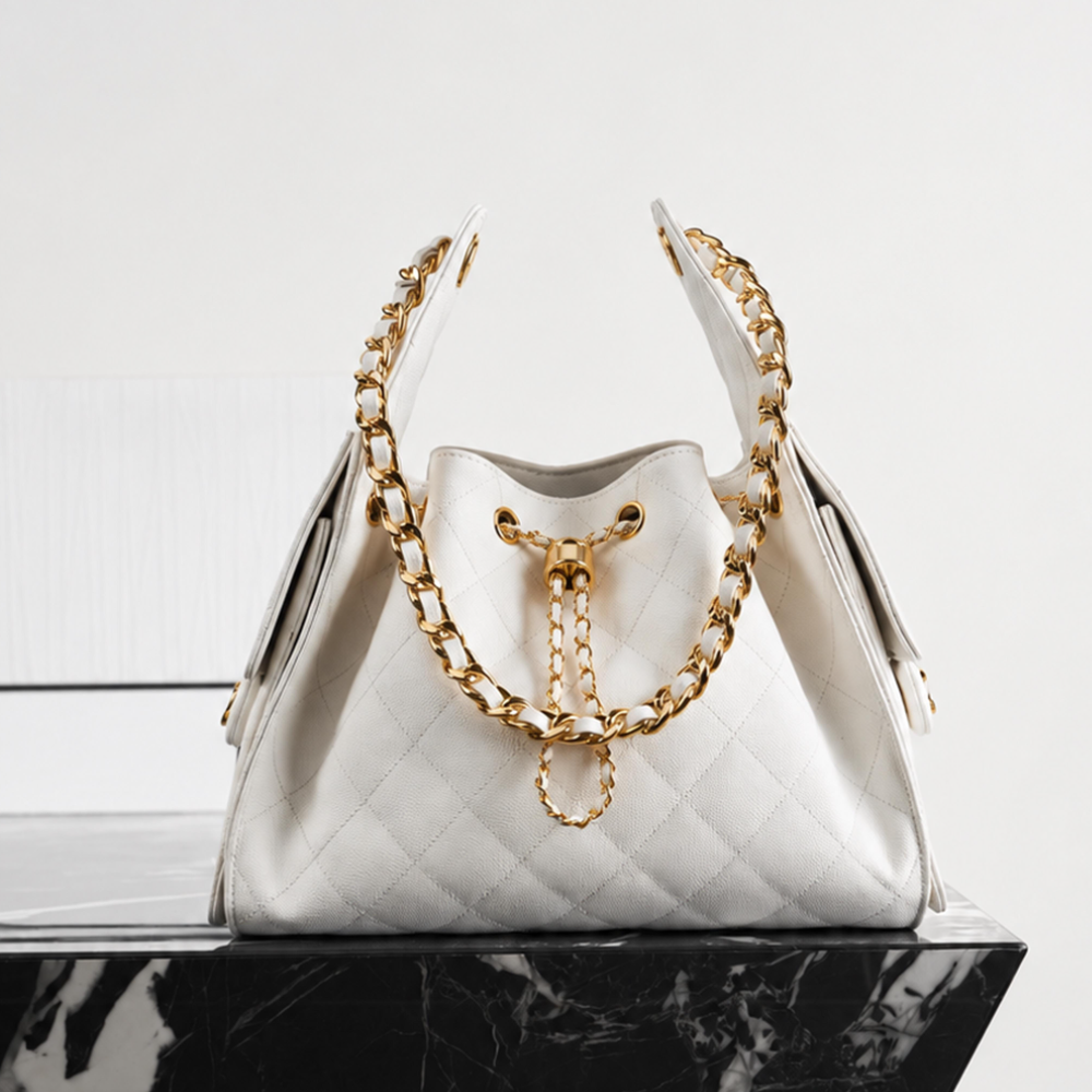 Drawstring Tote Bag Caviar Cowhide Quilted Chain Handle Underarm Shoulder Large Capacity Brunch Weekend Travel Refined Top-Tier Designer New Arrival
