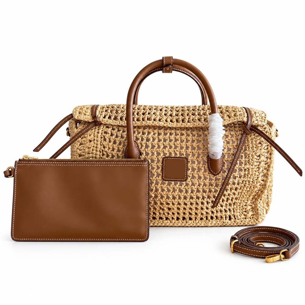 Openwork Woven Straw Tote Bag Leather Top Handle Detachable Pouch Shoulder Crossbody Chic Summer Travel Top-Tier Designer Bag