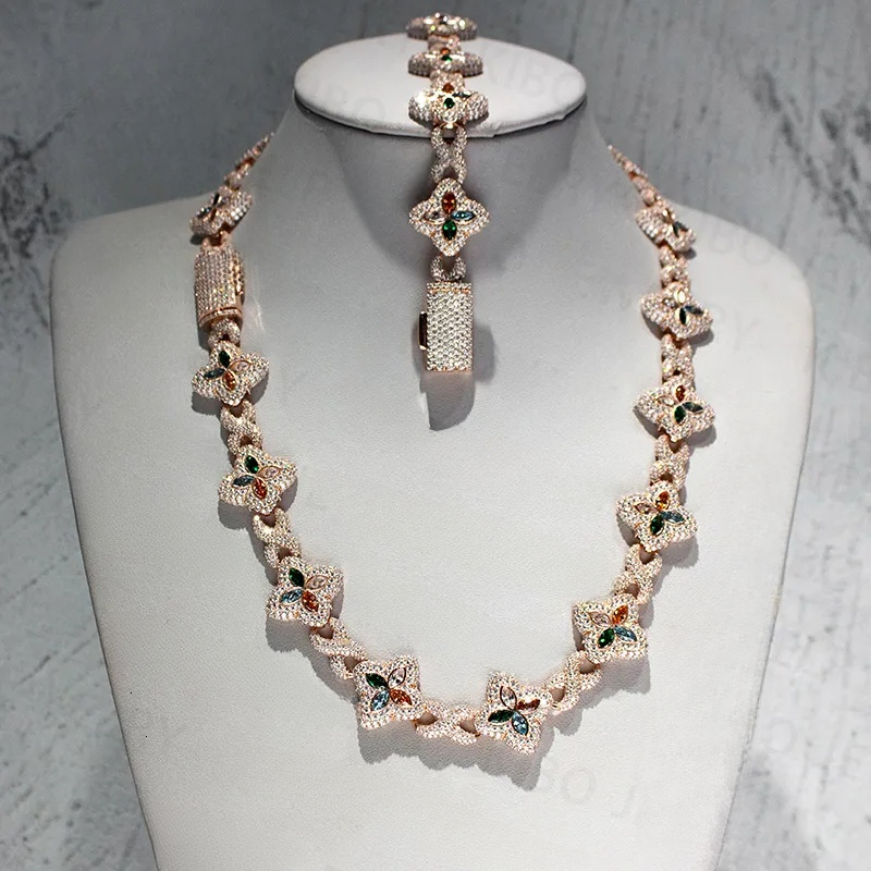 Fashion Hip Hop Jewelry 22mm Rose Gold 925 Sterling Silver Colored Moissanite Diamond Four Leaf Clover Infinity Link Chain