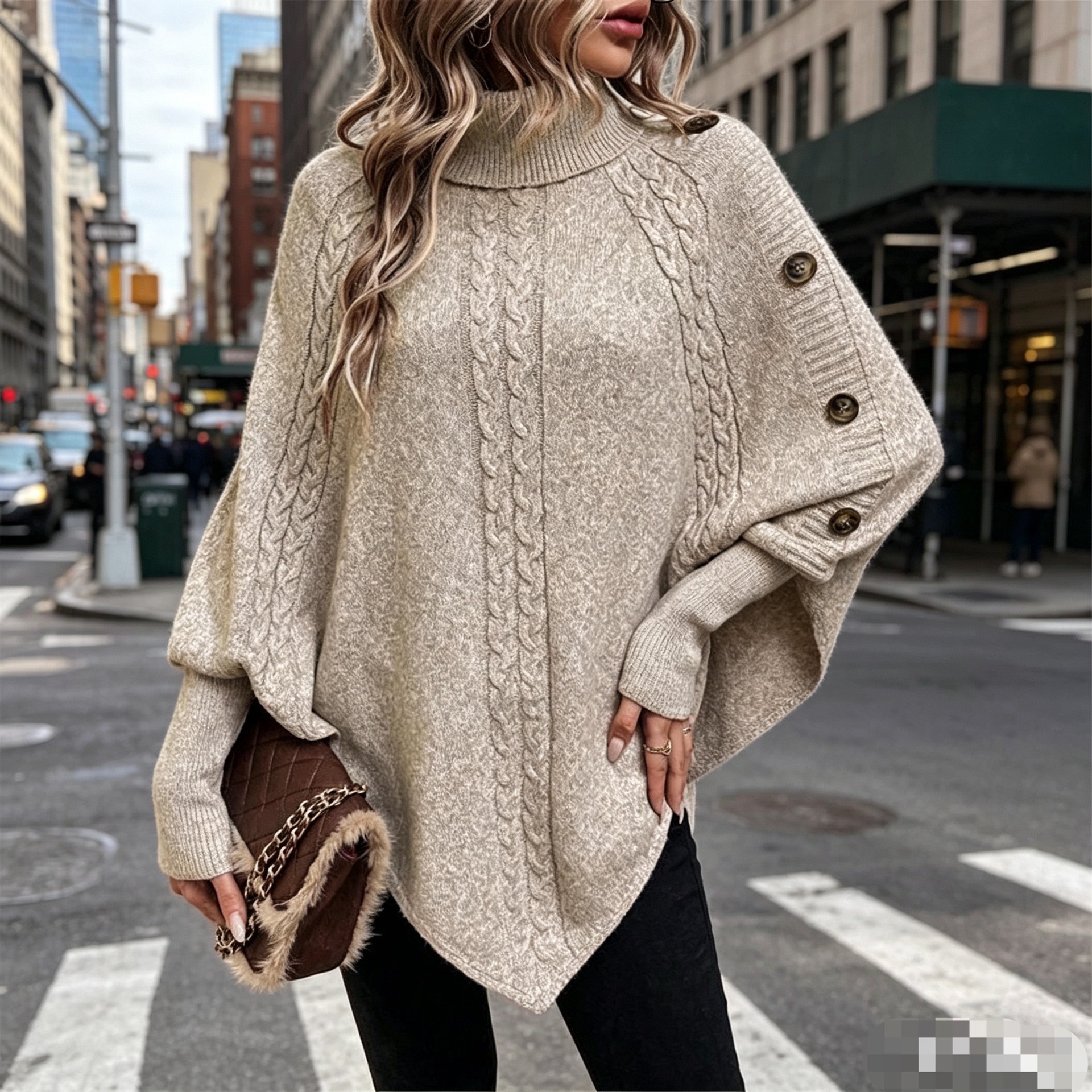 2026 European And American Autumn/winter New Women's Sweater Fashion Versatile High Collar Button Decoration Long Sleeve Batwing Sweater