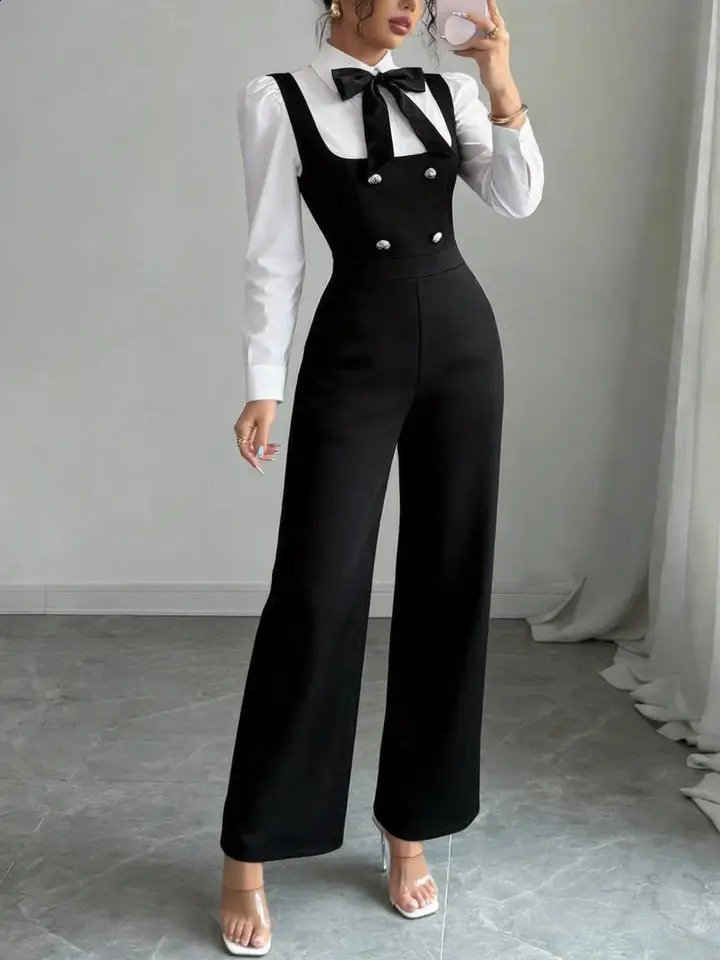 Women's Elegant Knot Neck Double Breasted Jumpsuit Long Sleeve Shirt Style Straight Leg Loose with Bow Preppy F 261015