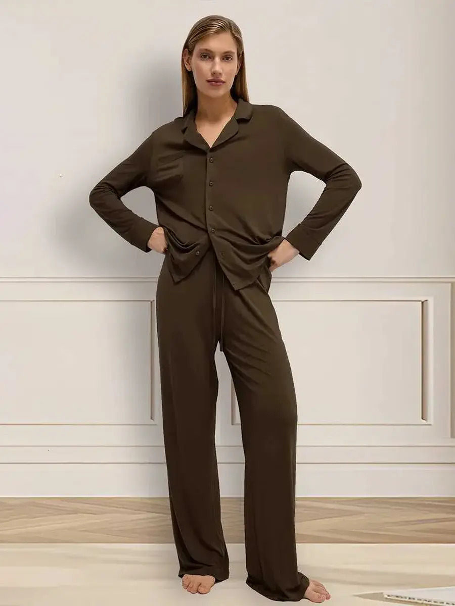 Women Pajamas loungewear Blubelle Womens Sleeved Long Pants Pajama Set Autumn New Cardigan Pajamas Solid Color Comfortable Home Wear Sets Sleepwear