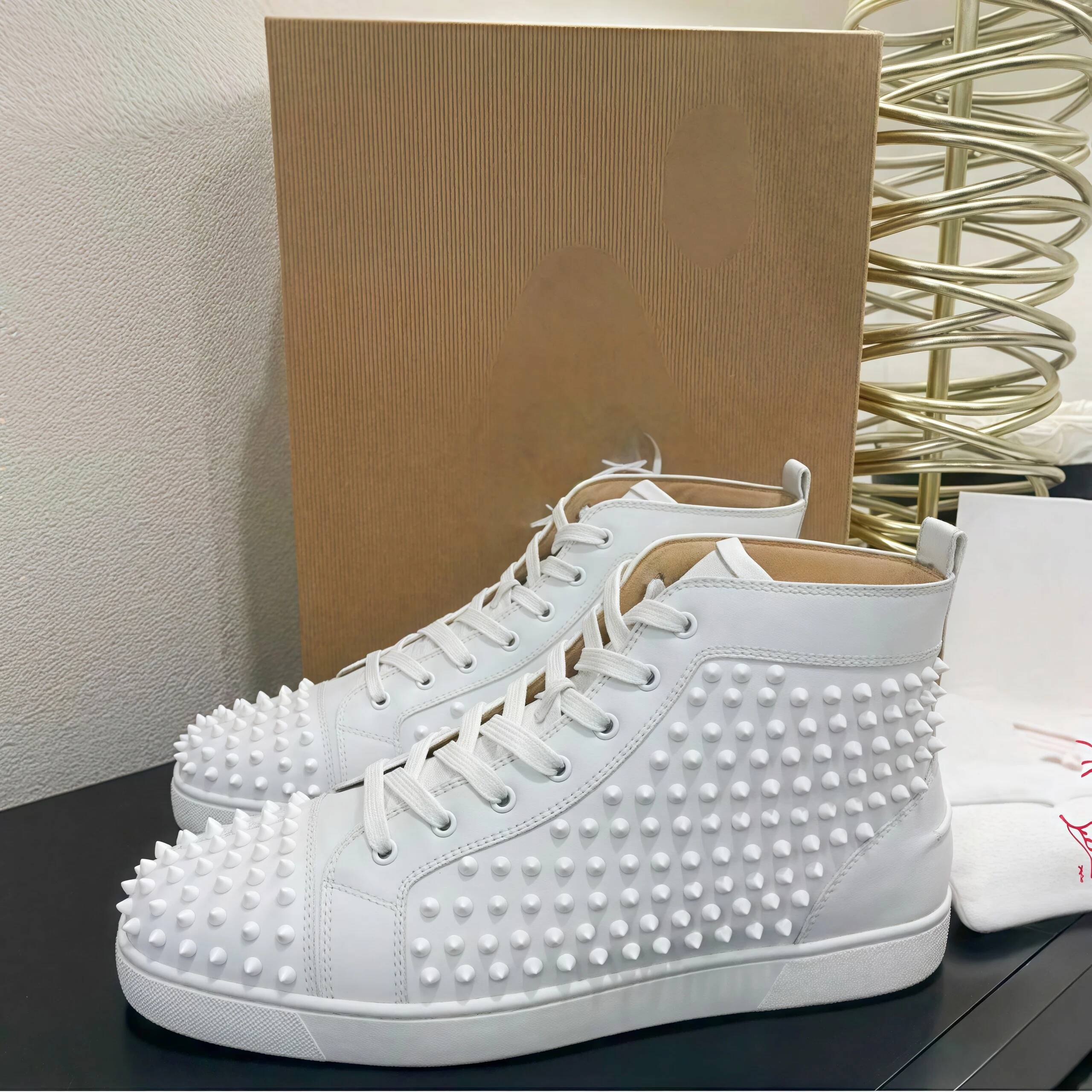 Black Studded Leather Rivets High-Top Sneakers Classic Designer Style Round Toe Men's Sports Comfort Lace-Up Casual Shoes