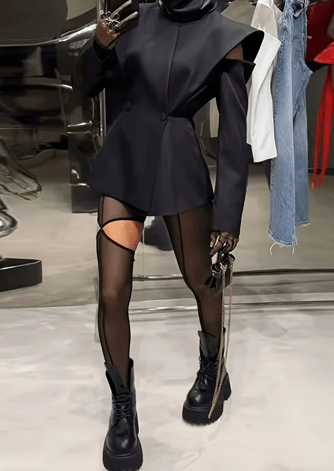 Womens Blazer Cold Shoulder High Neck Long Sleeve Slim Fit Jacket with Single Button Black 2026 Autumn 261015