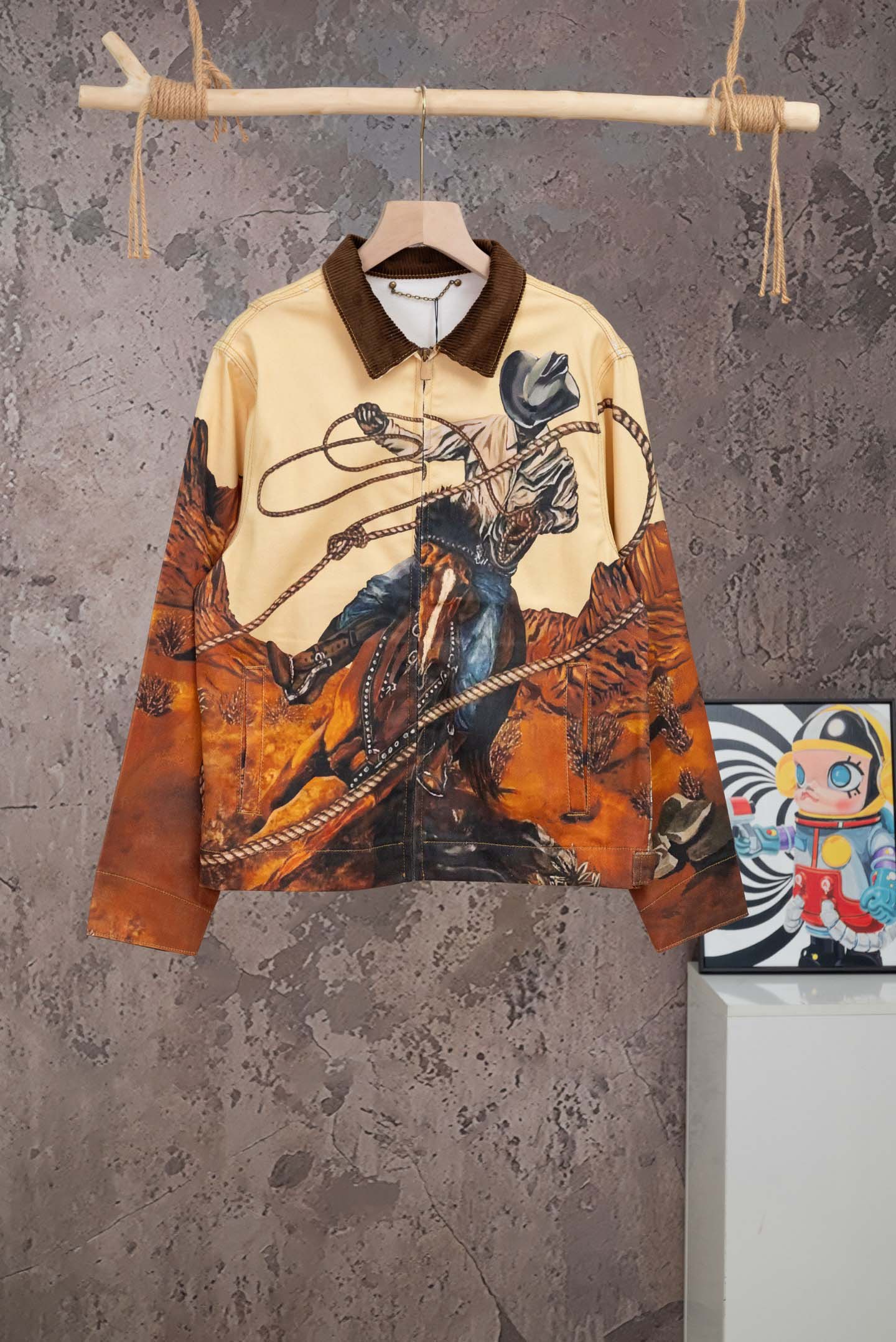 Vintage style brand designer jacket fashion bonfire knight print design US size mens high quality denim jacket