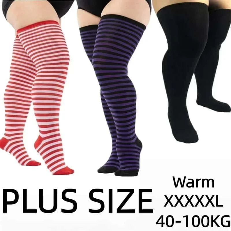 Black White Striped Long Socks Plus Size Elastic Over Knee Thigh High Stockings Autumn Winter Leg Warmers for Oversized Women XL 261014