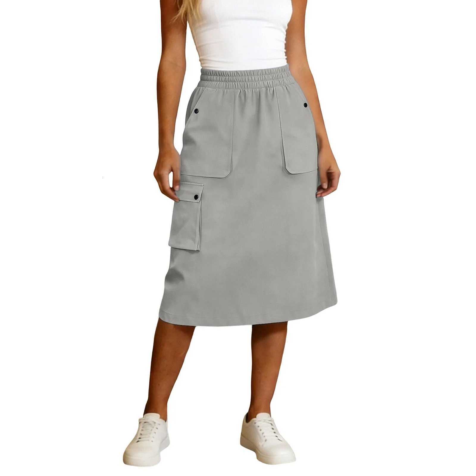 Women Skirts Harajuku Cargo Skirt Casual Solid Elastic Waist Work Skirts Multi-Pocket Fashion Korean Hip Hop Midi Skirt Streetwear W261017