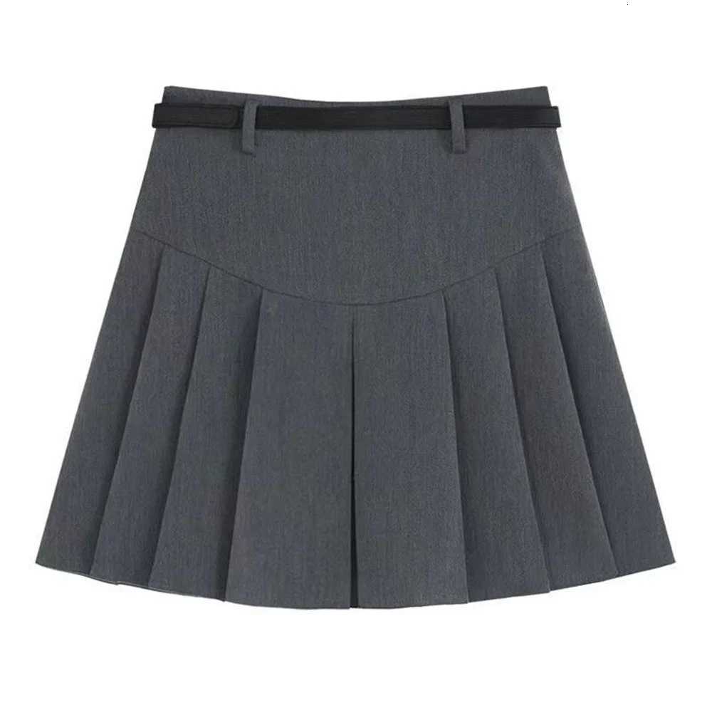 Mini A-line Pleated Skirts Fashion Skirts for Women High Waisted Gray Black Solid Short Skirts Spring Summer Female Skirt with Belt W261017