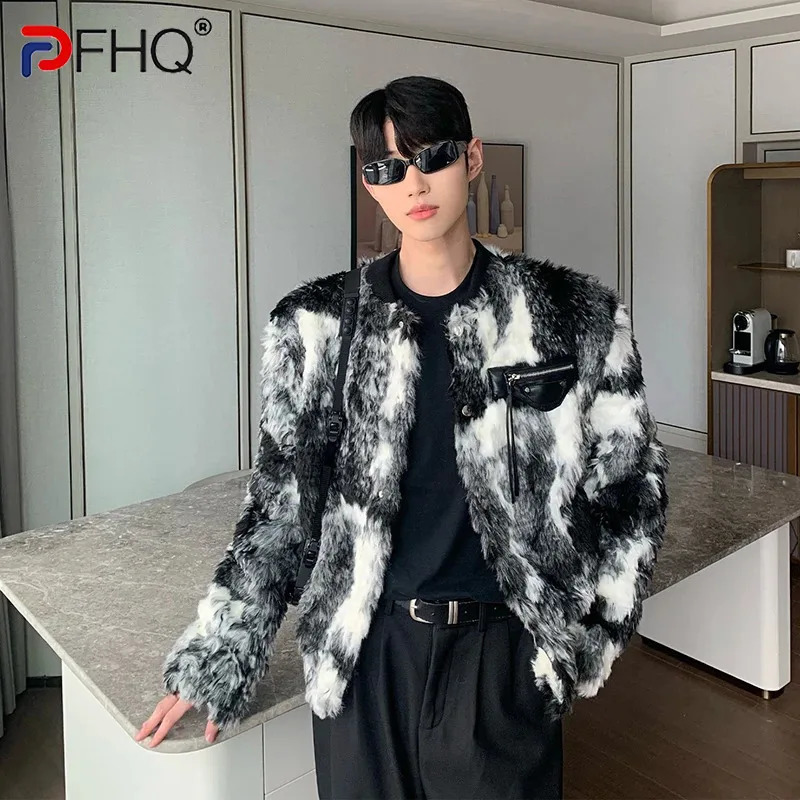 PFHQ Men Tie Dye Faux Fur Coat Thick Warm Winter Outerwear Loose Trendy Furry Plush Jacket Handsome Fashion Menswear 21P5242 261012