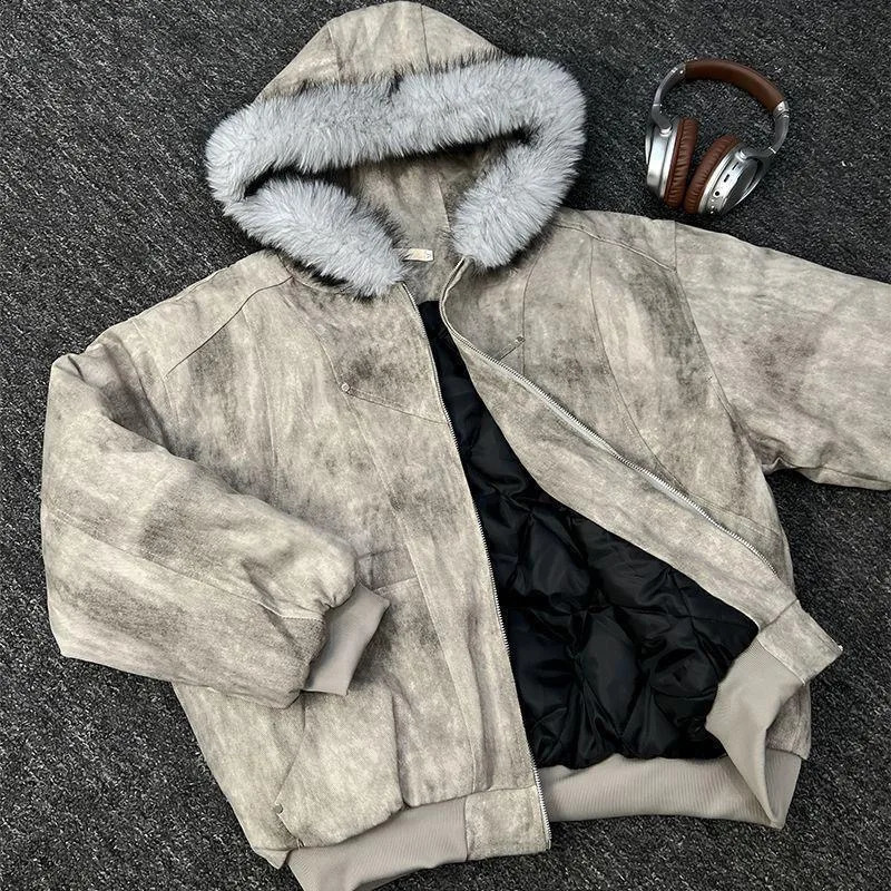 Vintage Streetwear Men Faux Fur Hood Parka Coat Thick Padded Solid Camo Print Casual Daily Winter Short Jacket Fashion 2026 261013