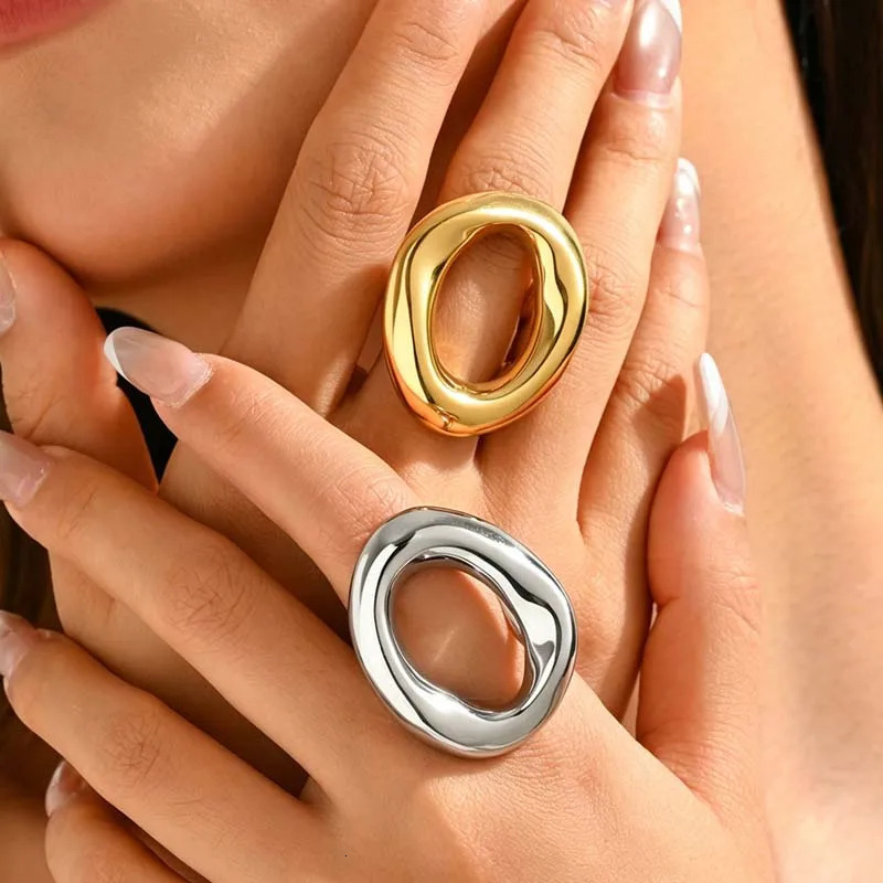 Stainless Steel Metal Hollow Irregular Open Rings For Women Exaggerated Gold Color Geometric Chunky Ring Jewelry Gifts 261017