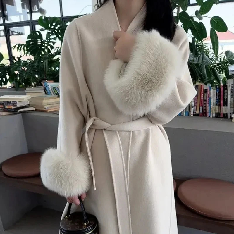 Women Autumn Winter Woolen Coat 2025 HighEnd French Style Fur Sleeves MidLength Long Loose Outwear 261014