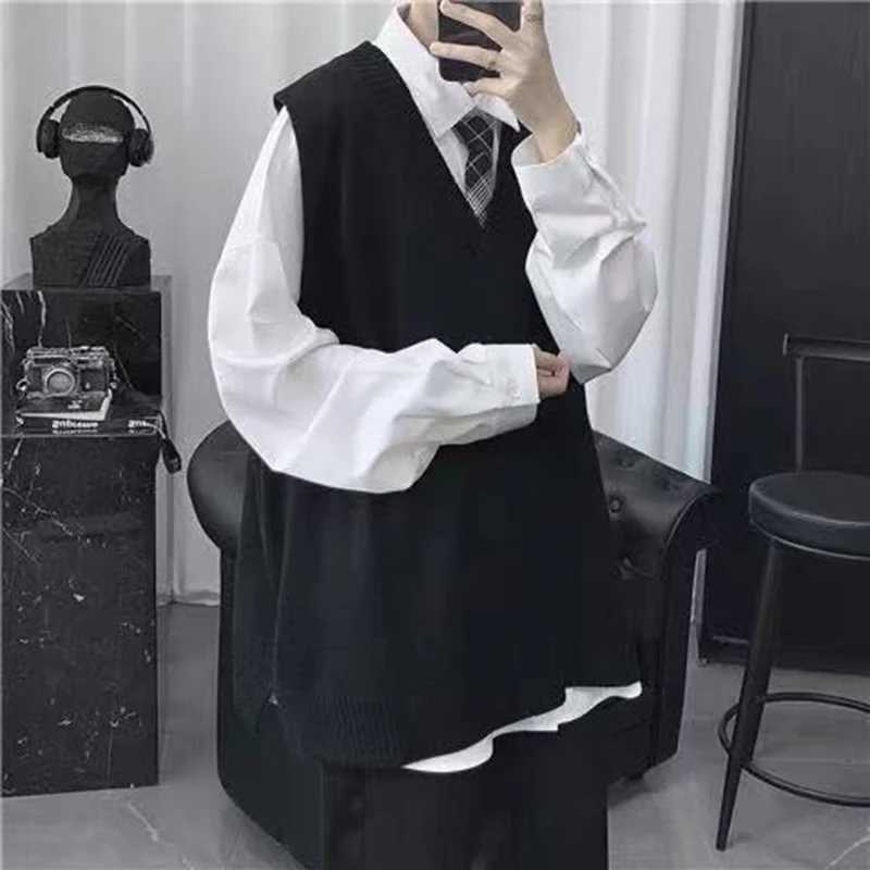 Winter Men's Vests Vintage Autumn Men V Neck Sweater Vest Knitted Harajuku Casual Oversized Matching Pullover Solid School TopW261017