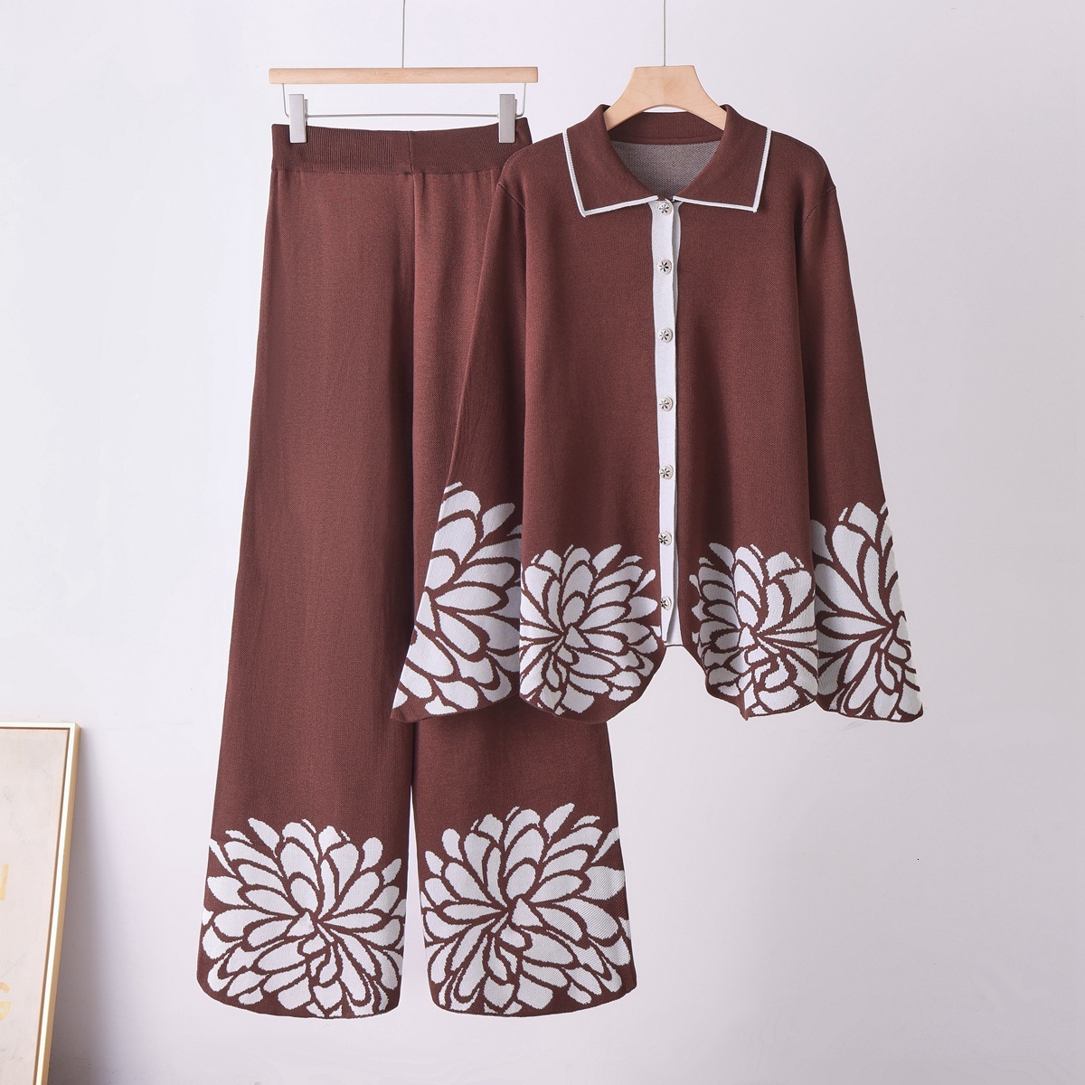 Womens Two Piece Jacquard Knitted Cardigan And Wide Leg Pants Set Lapel Collar Long Sleeve Wool Casual Outfit For Women Autumn Work Daily Office Wea