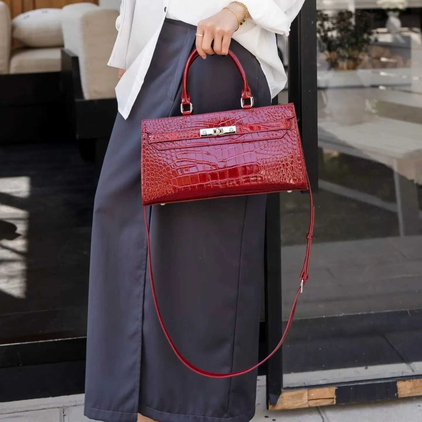 Evening Bags Women Rectangular Texture Handbag Shiny Top Handle Bag Metal Turn Lock Detachable Strap Crossbody Purse for Formal H261016