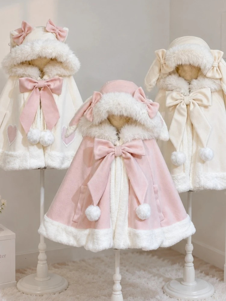 2026 Christmas Winter Cloak Overcoat Women n Bow Lolita Hooded Patchwork Kawaii Cope Coat Female Warm Cape Sweet Jackets 261014