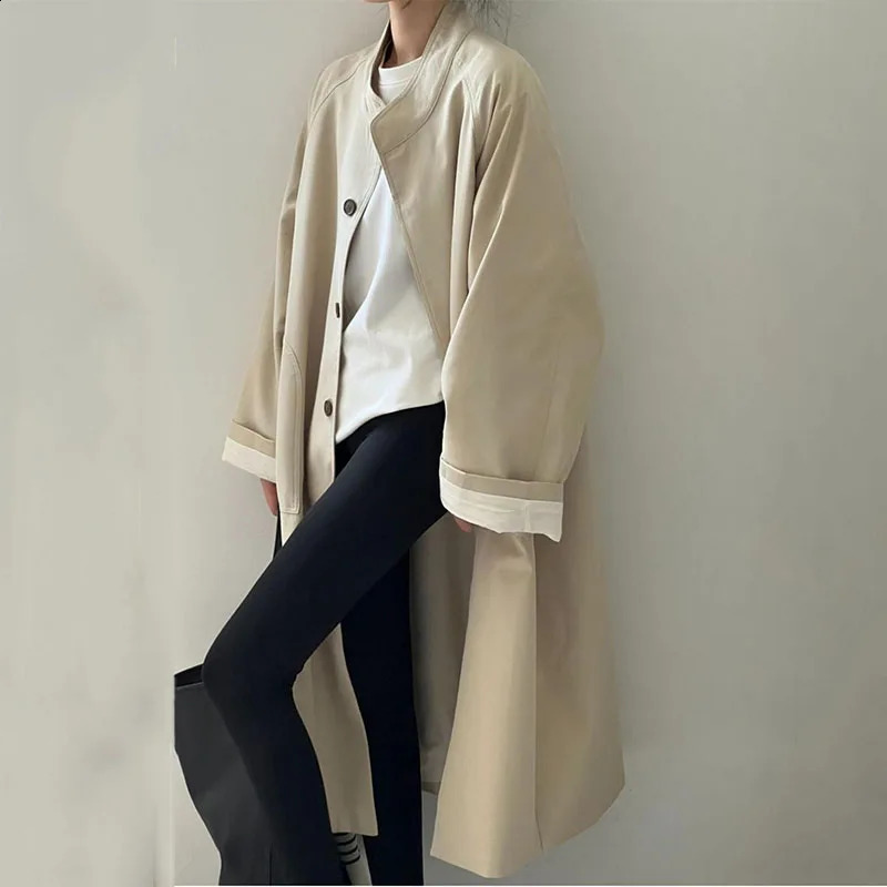 Fashion Autumn Standing Collar Mid Length Trench Coat Women's Loose Casual All-match British Style Coat Female Outwear Overcoat 261013