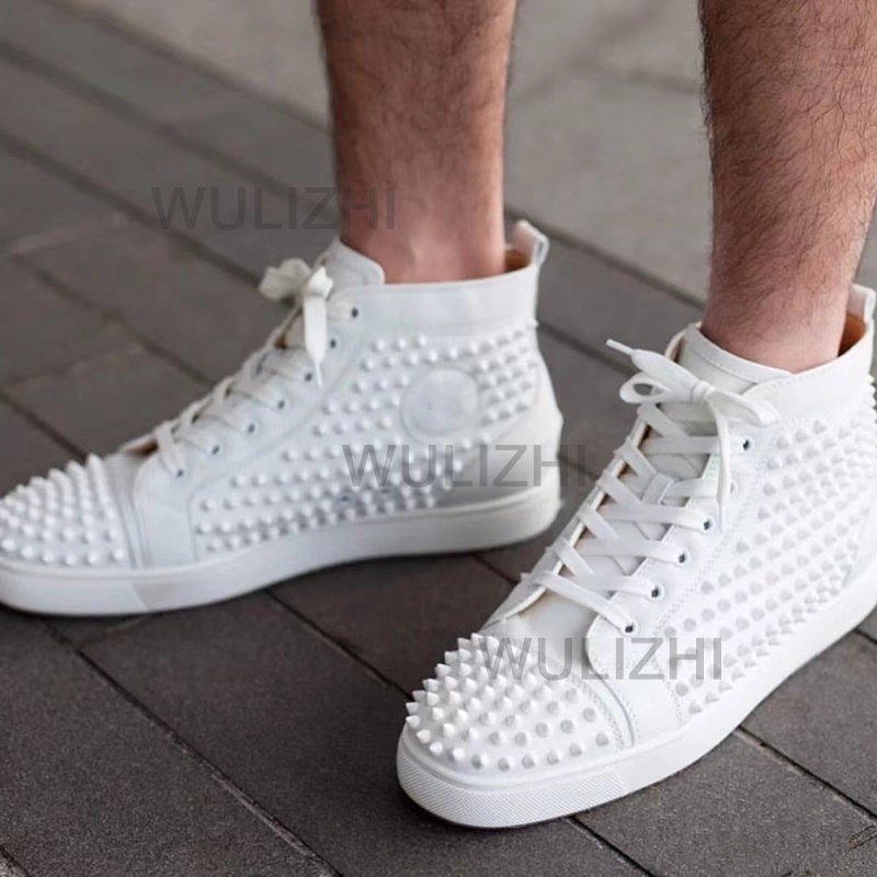 Pure White Rivet Ankle Sneakers Men Lace Up Red Women Flat Canvas Genuine Leather Solid Casual Shoes Summer Fashion