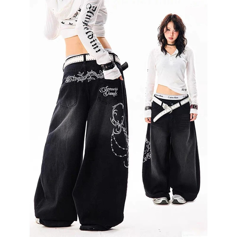 YIBASHU Women Vintage Embroidery Y2K Baggy Jeans Female High Waist 2000s Wide Leg Denim Pants American Retro Harajuku Trouser 261013