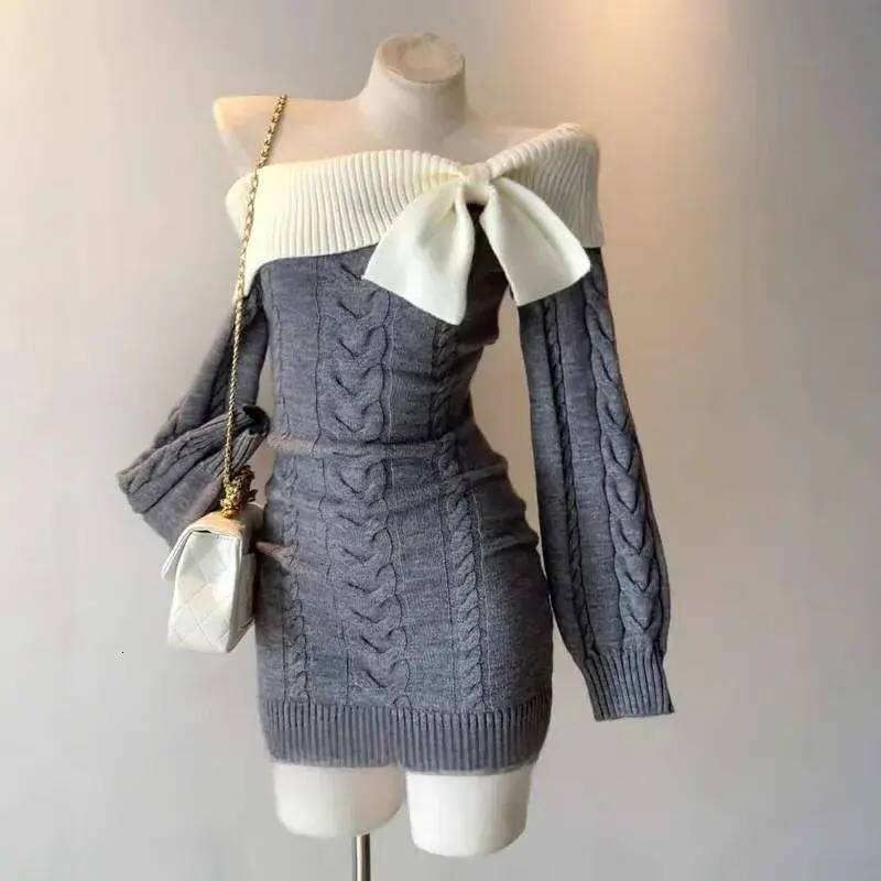 everyday Women Casual Dress Winter Korean Vintage Solid Sexy Bodycon Knitted Women Elegant Fashion Short Party Harajuku Y2k Bow Mini Dress New Ladie