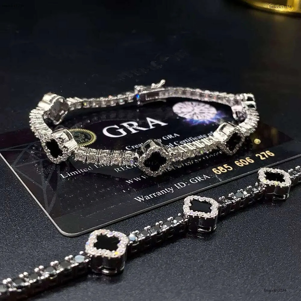 Hot Selling Design Black Clover Chain VVS D Moissanite Sterling Sier Tennis Bracelet 4mm Hip Hop Jewelry