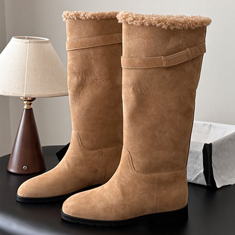 Fashion Ladies Soft Suede boots Premium Foldable Plush Lining Ankle Boots Genuine Leather Anti Slip Sole Suitable Autumn Winter Keep Warm Knee boots