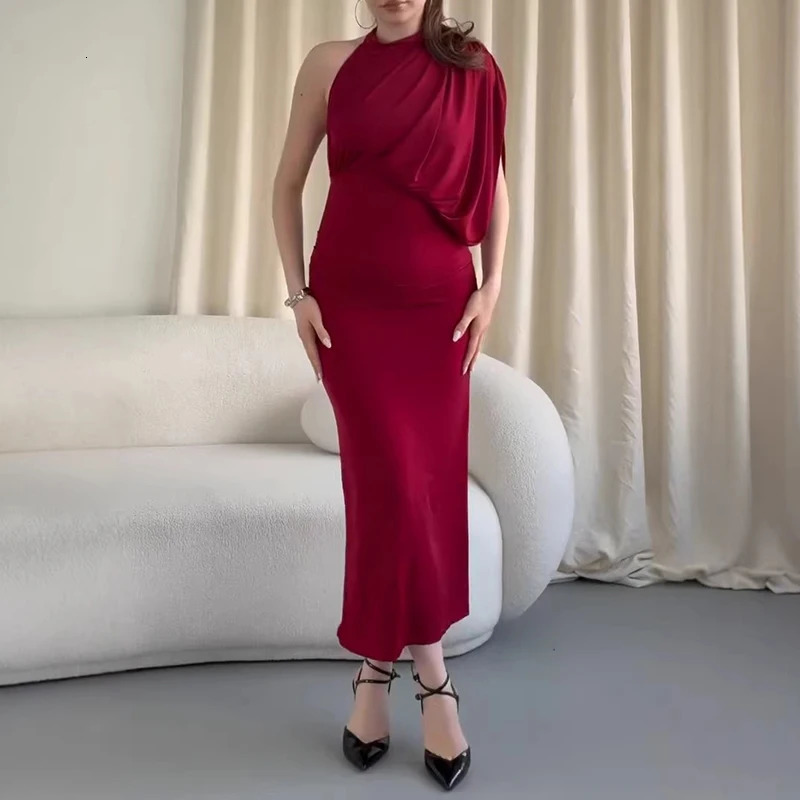 Elegant Lady High Waist Pleat Party Dress Fashion Hollow Out Beach Vacation Dress Sexy Slash Collar Solid Color Slim Party Dress 261014