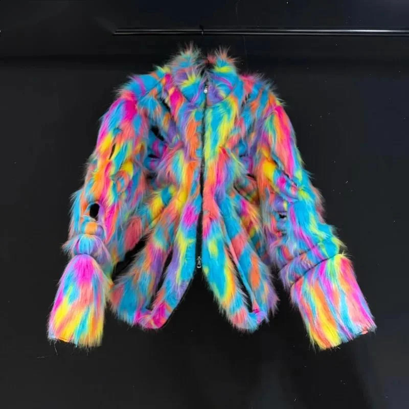 Faux Fur Colorful Plush Men Coats Stand Collar Fashionable Hollow Out Long Sleeve Fashion Zipper Jacekt Clothes XCSE4 261013