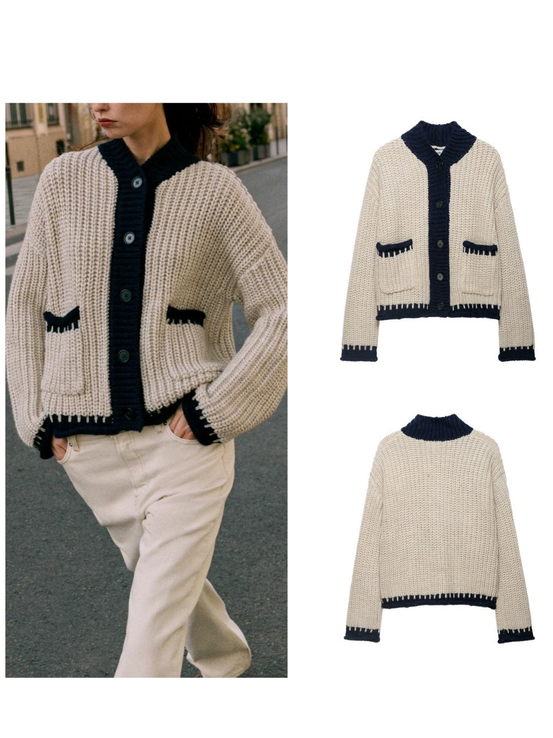 Spring autumn fashion European American women's long-sleeved color-block knitted sweater with double pockets and single-breasted button closure