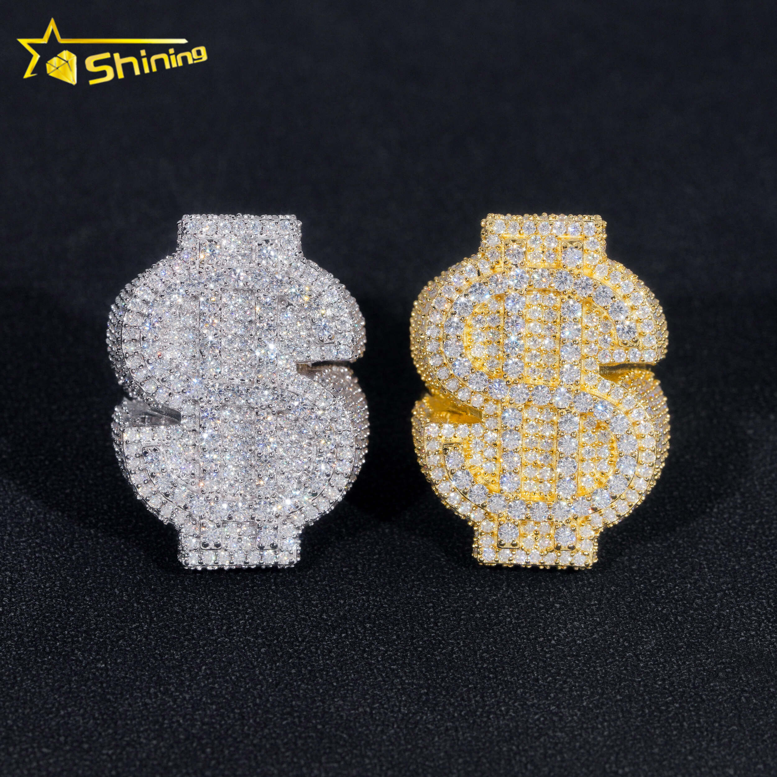 Hot Sale Money Sign Moissanite Diamond Silver Iced Out Design Hip Hop Ring Ready to Ship