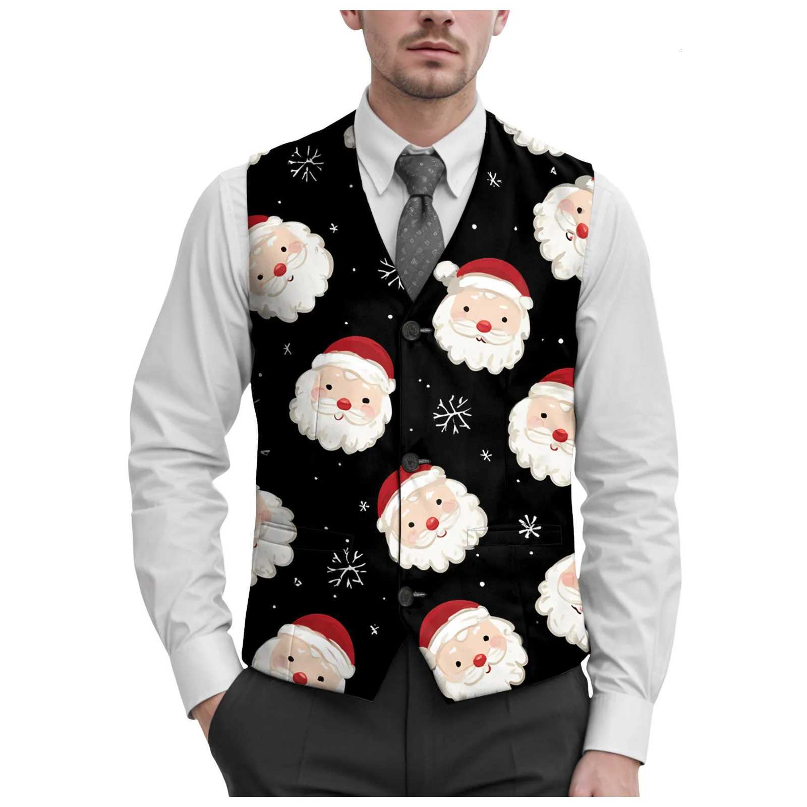 Tall Men's Vests Big And Christmas Vest Men'S Fashion V Neck Button Pocket Suits Vests Jackets Classic Xmas Pattern Printed Sleeveless Coa