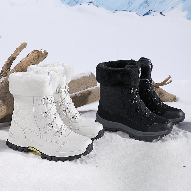 Women White Mid Calf Snow Boots Faux Fur Lining Waterproof Lace Up Non Slip Thick Sole Winter Outdoor Warm Ski Boots