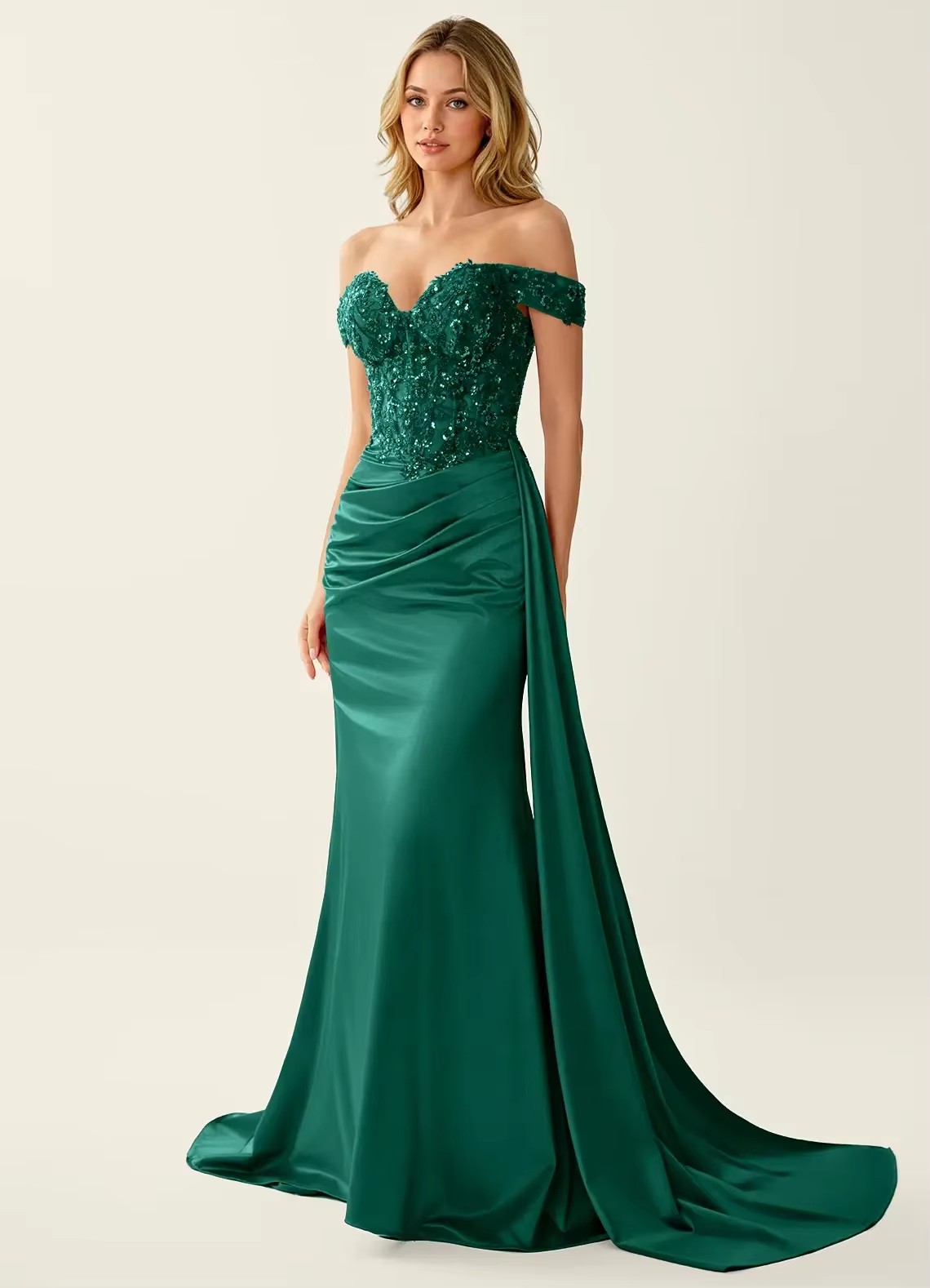 Exquisite Green Prom Party Dress Off Shoulder Mermaid Beaded Sequins Satin Lace Up Pageant Dresses Evening Formal Gowns Birthday