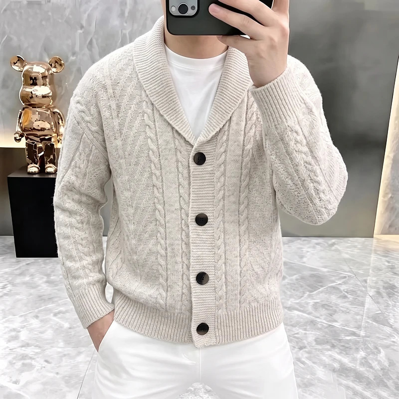 Men's Knitted Cardigan Youth Lapels Long Sleeve Coat Sweater Casual Camel Black Gray Warm 261012