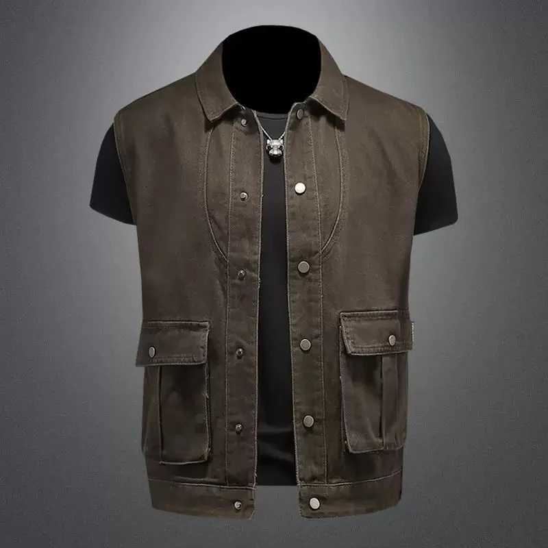 Denim Men's Vests American Retro Vest Men's Spring Autumn Collarless Casual Loose Sleeveless Jacket Outdoor Wear Resistant Cotton Pure Col